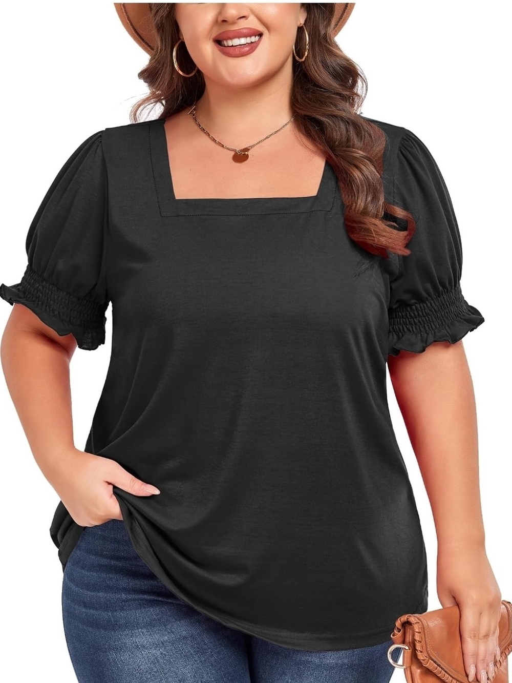 Plus Size Square Neck Puff Sleeve Top in Black